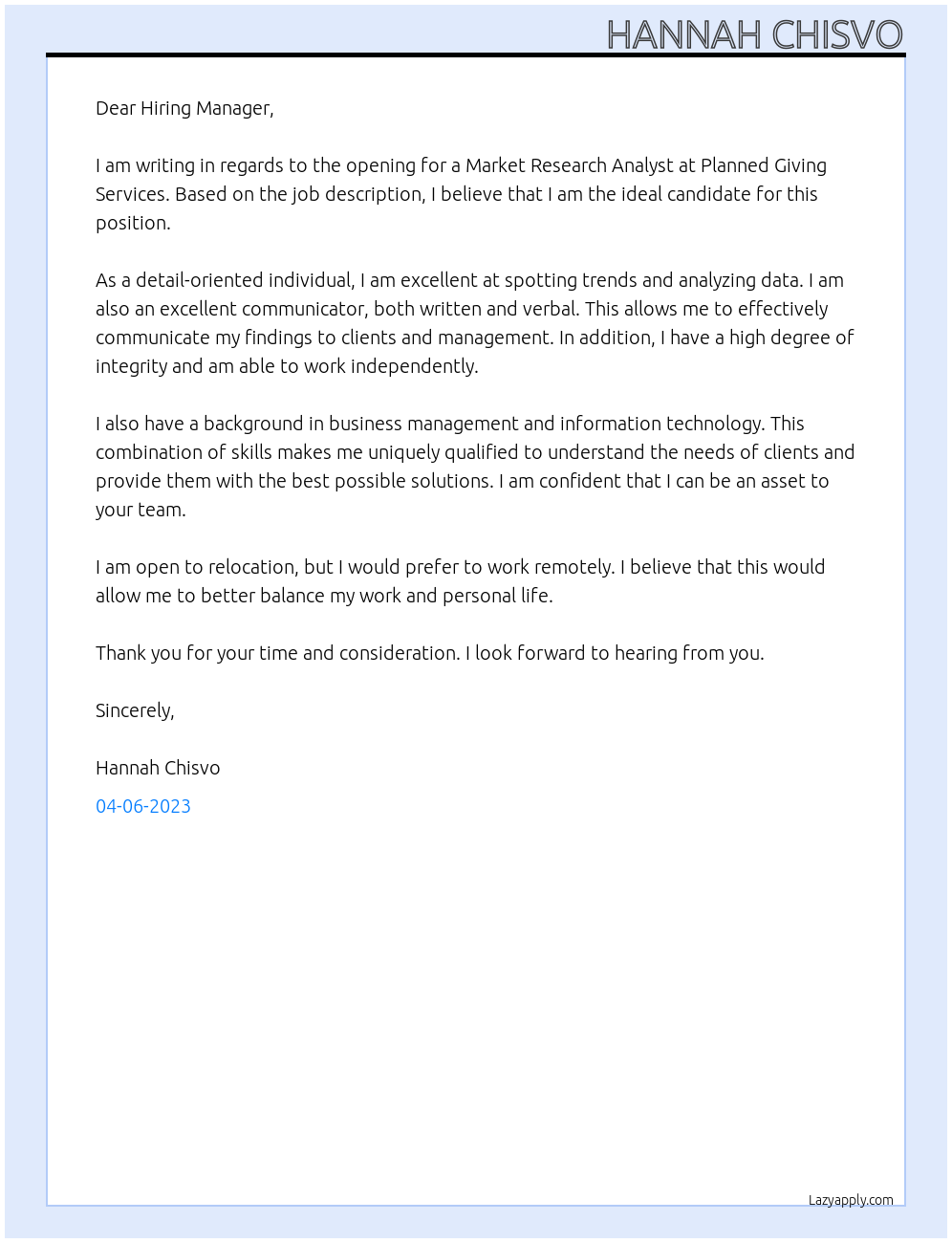 Market Research Analyst At Planned Giving Services Cover Letter