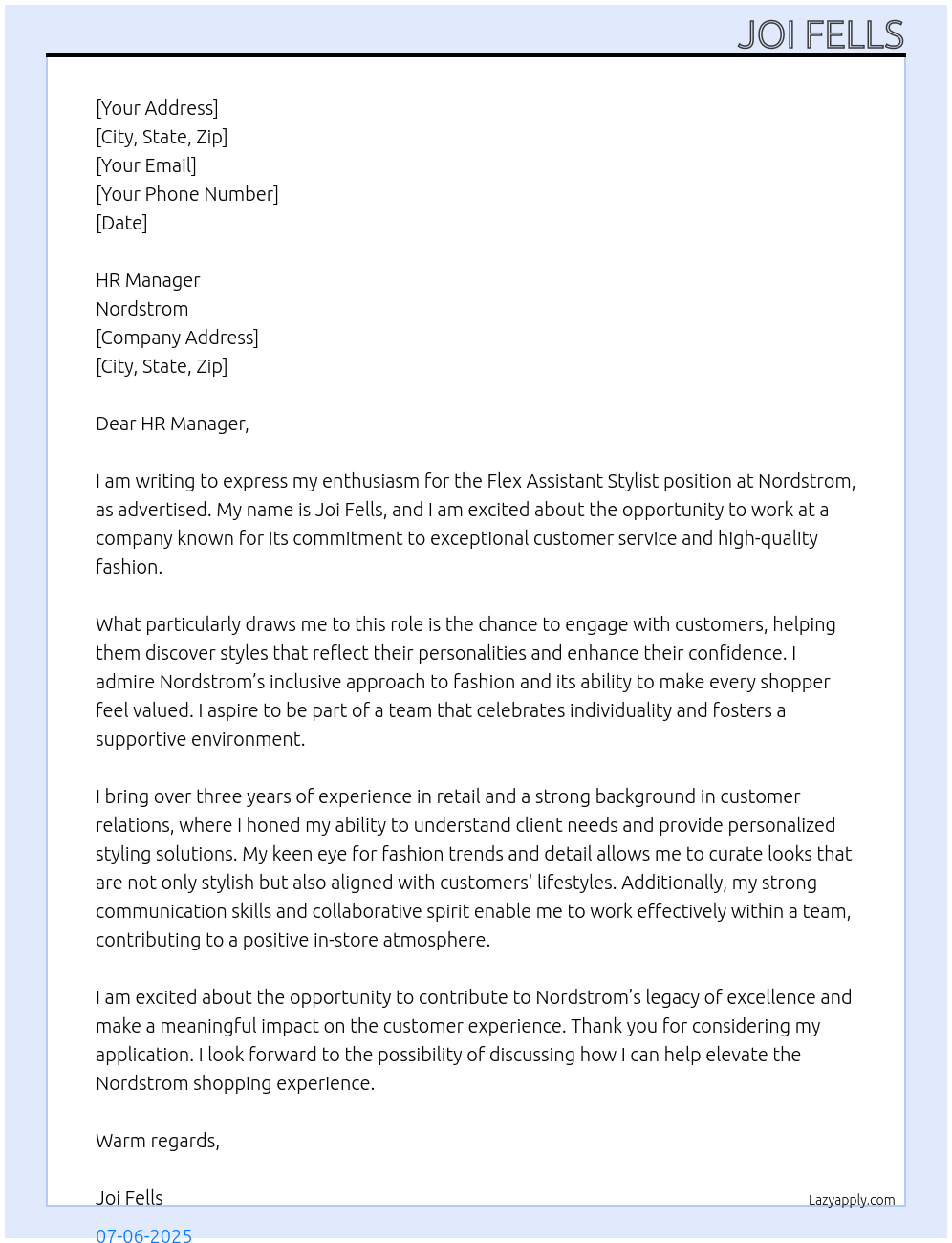 Flex Assistant Stylist At Nordstrom Cover Letter