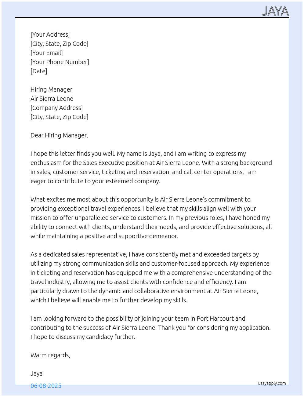 Sales Executive At Air Sierra Leone Cover Letter