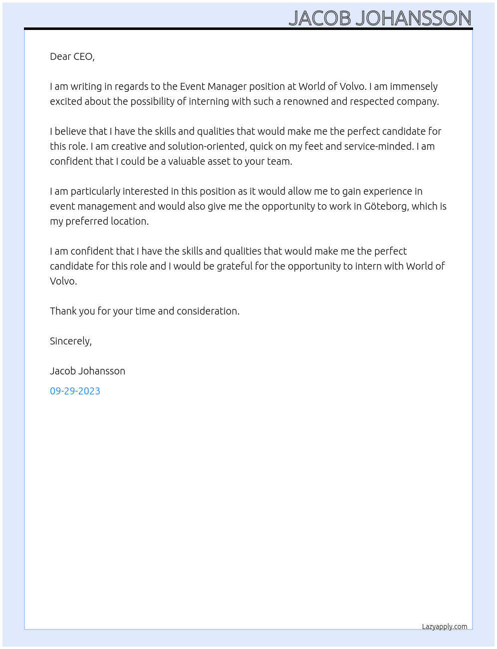 Event manager At World of Volvo Cover Letter
