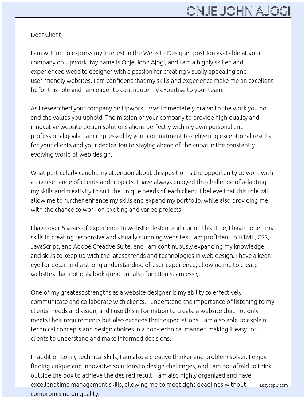 Website Designer At A client on up work Cover Letter