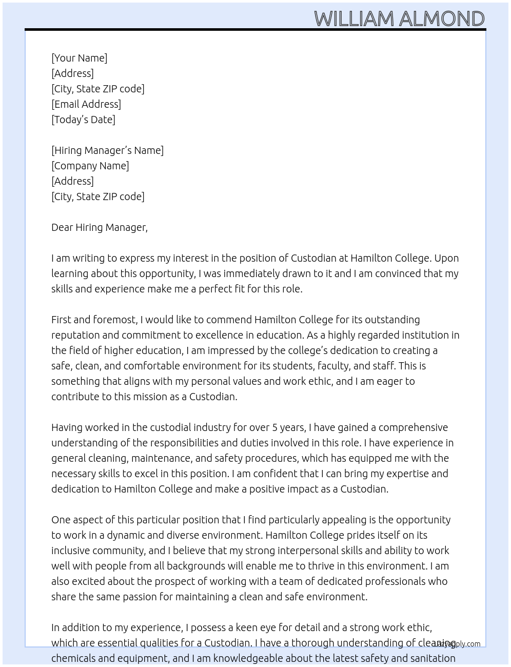 Custodian At Hamilton College Cover Letter