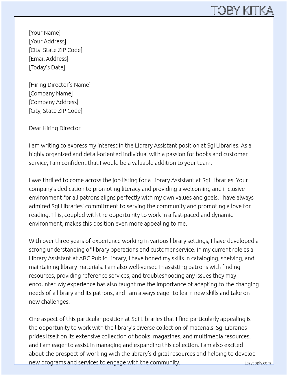 Library Assisstant At Sgi Libraries Cover Letter