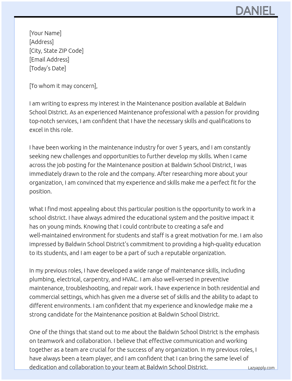 Maintenance  At Baldwin school district  Cover Letter