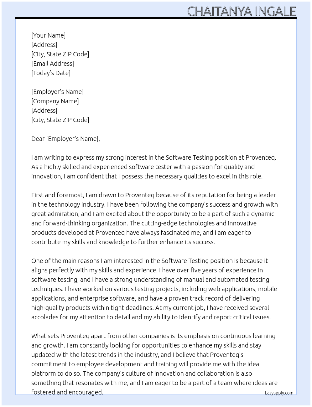 Software testing At Proventeq Cover Letter