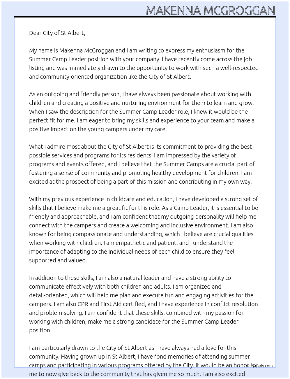 summer camp leader  At City of St Albert  Cover Letter