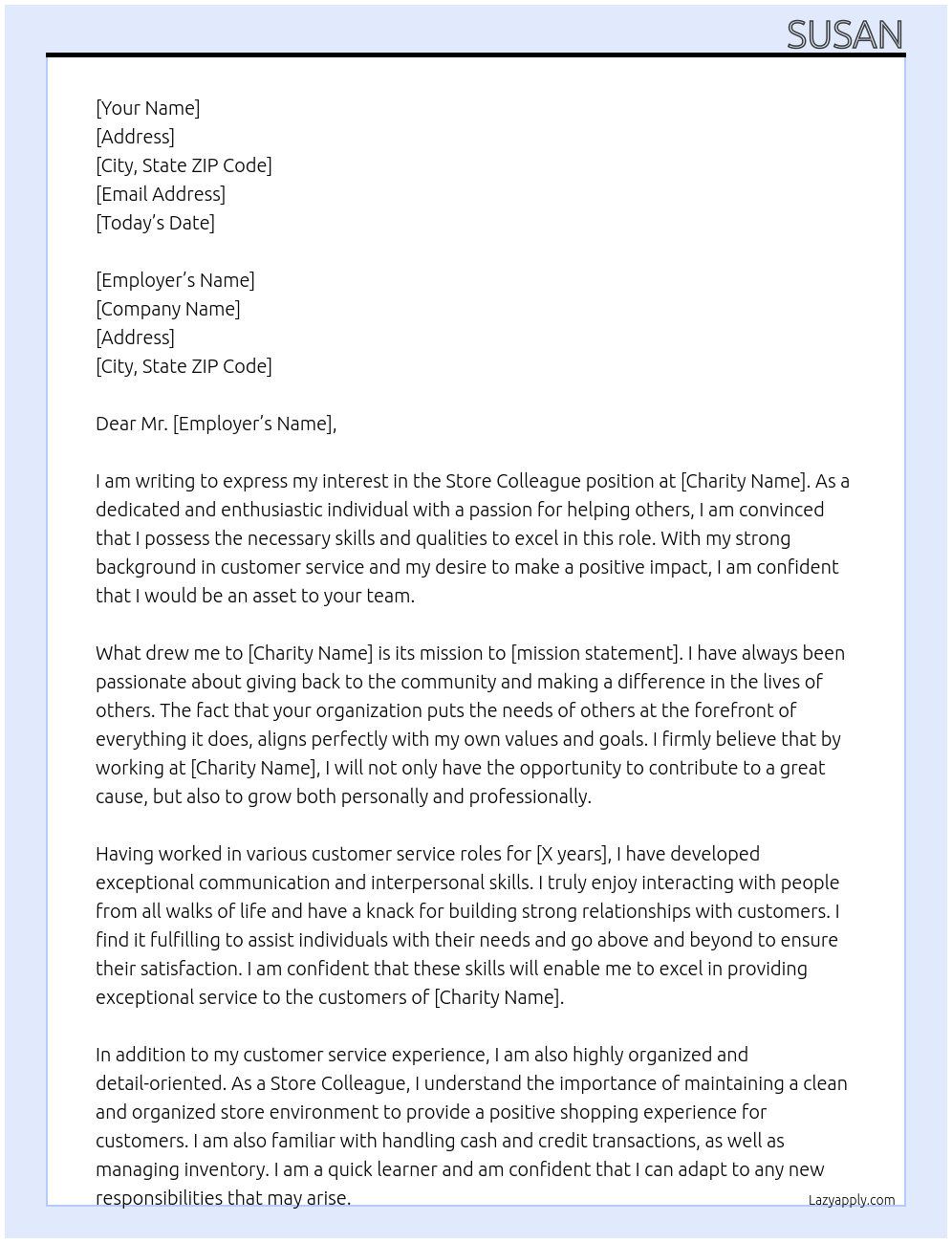 Store Colleague At charity Cover Letter