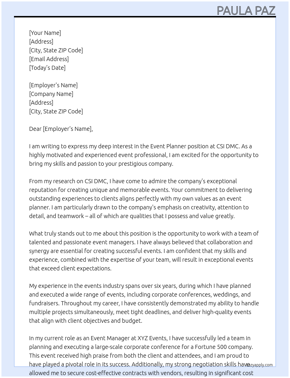 Event Planner At CSI DMC Cover Letter