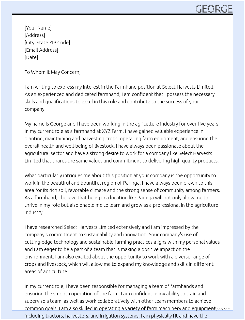 Farmhand  At Select harvests limited  Cover Letter