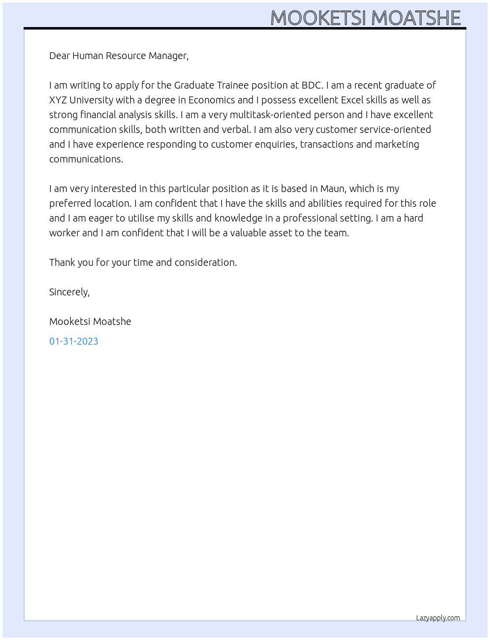 Cover letter for graduate trainee - LazyApply