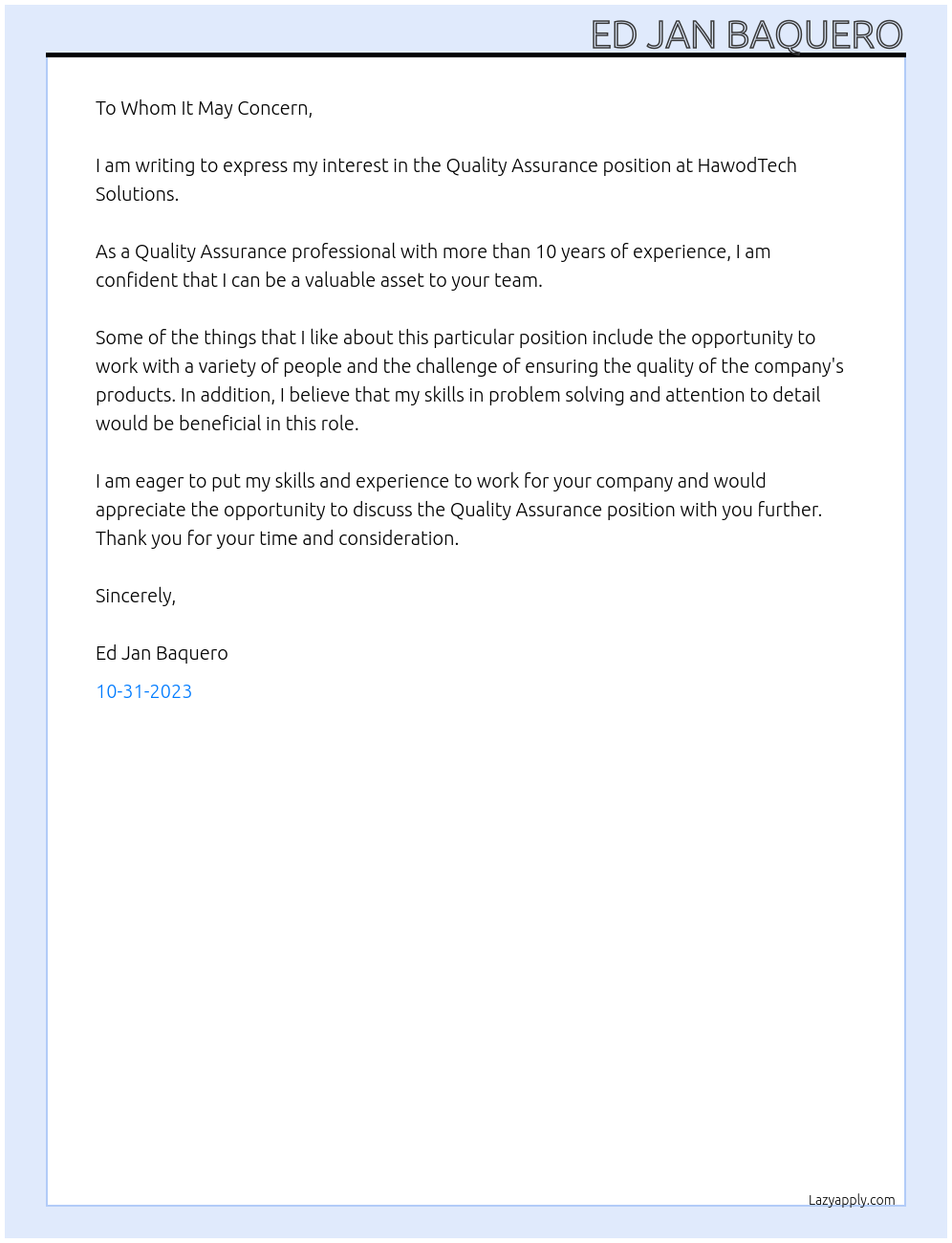 Quality Assurance At HawodTech Solutions Cover Letter