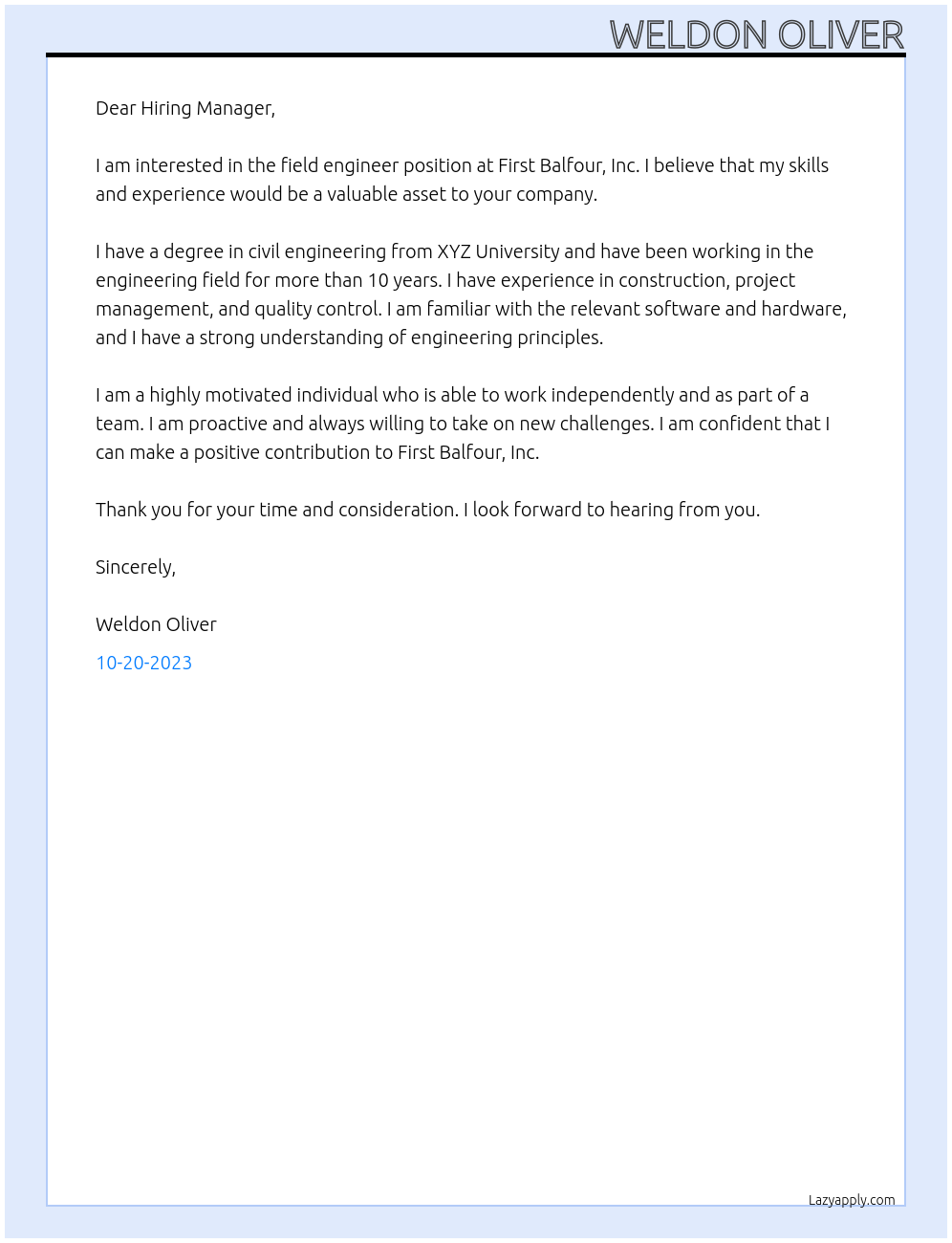 field engineer At First Balfour, Inc. Cover Letter