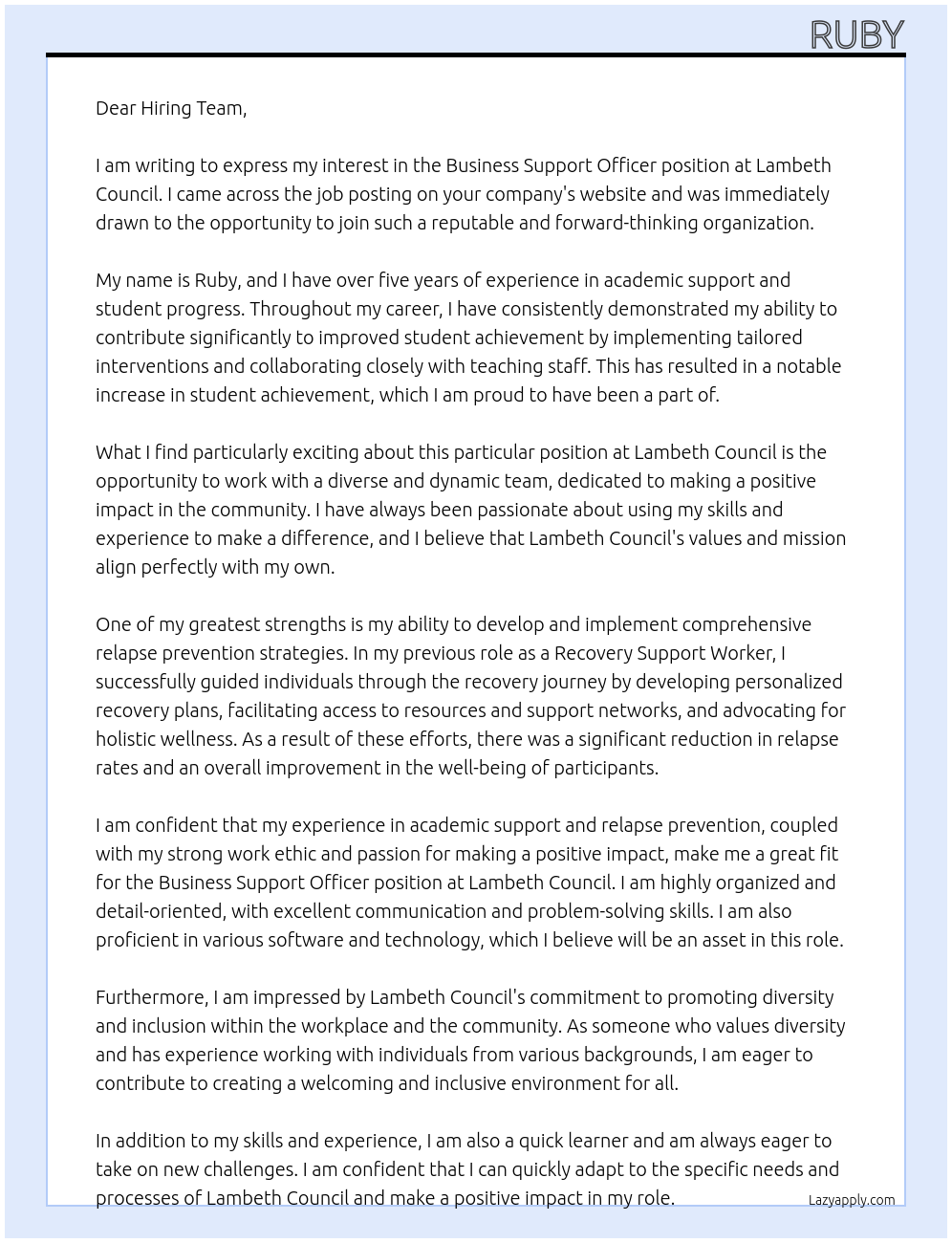 Business support officer At Lambeth Council Cover Letter