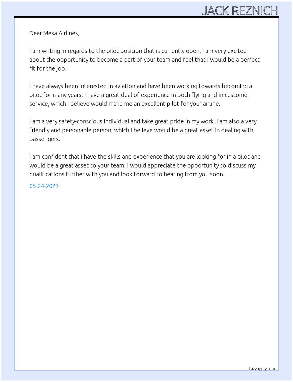 Pilot At Mesa Airlines Cover Letter