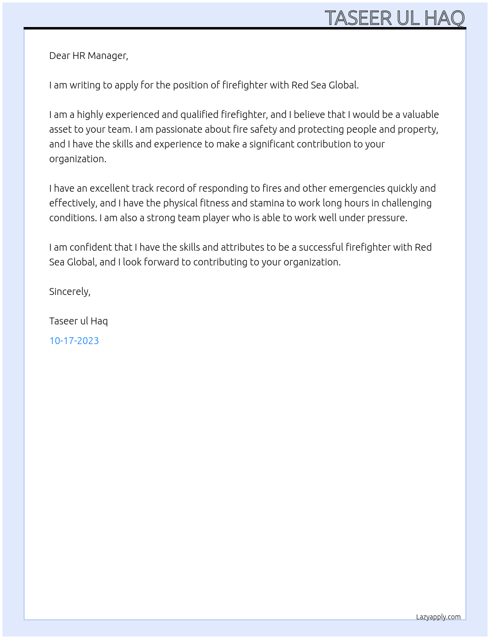 Firefighter At Red Sea Global Cover Letter