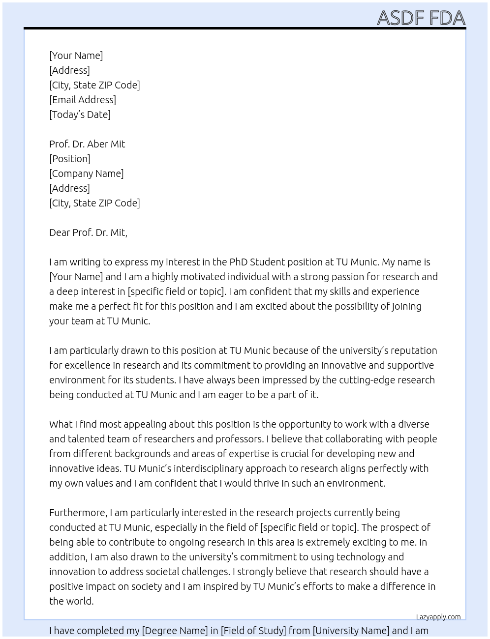 PhD Student At tu munic Cover Letter