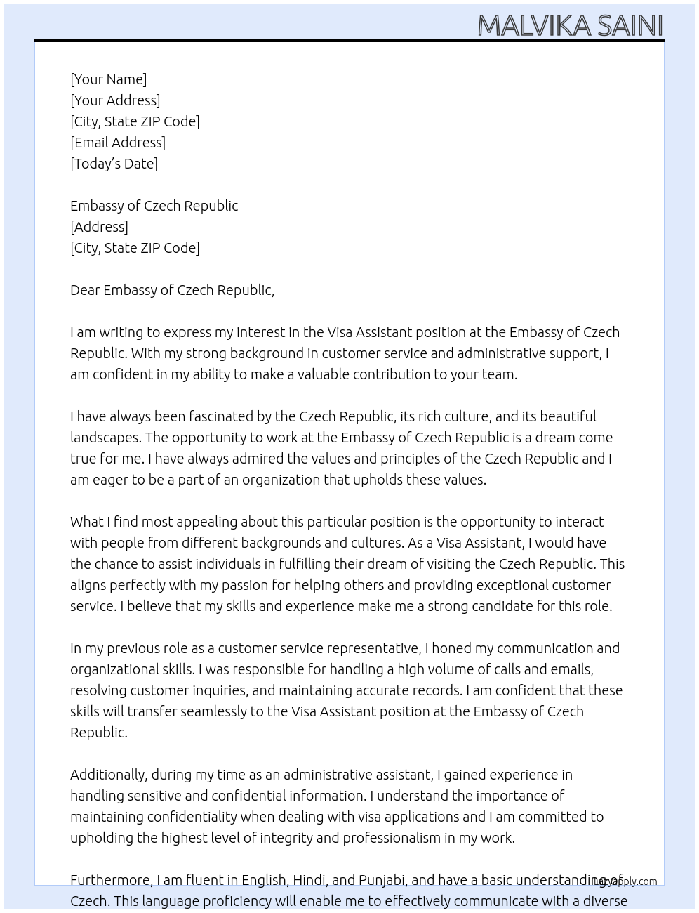 Visa Assistant At Embassy of Czech Republic Cover Letter