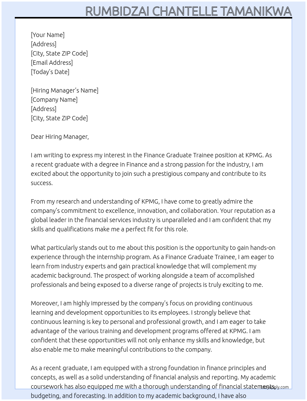 Finance Graduate Trainee At KPMG Cover Letter