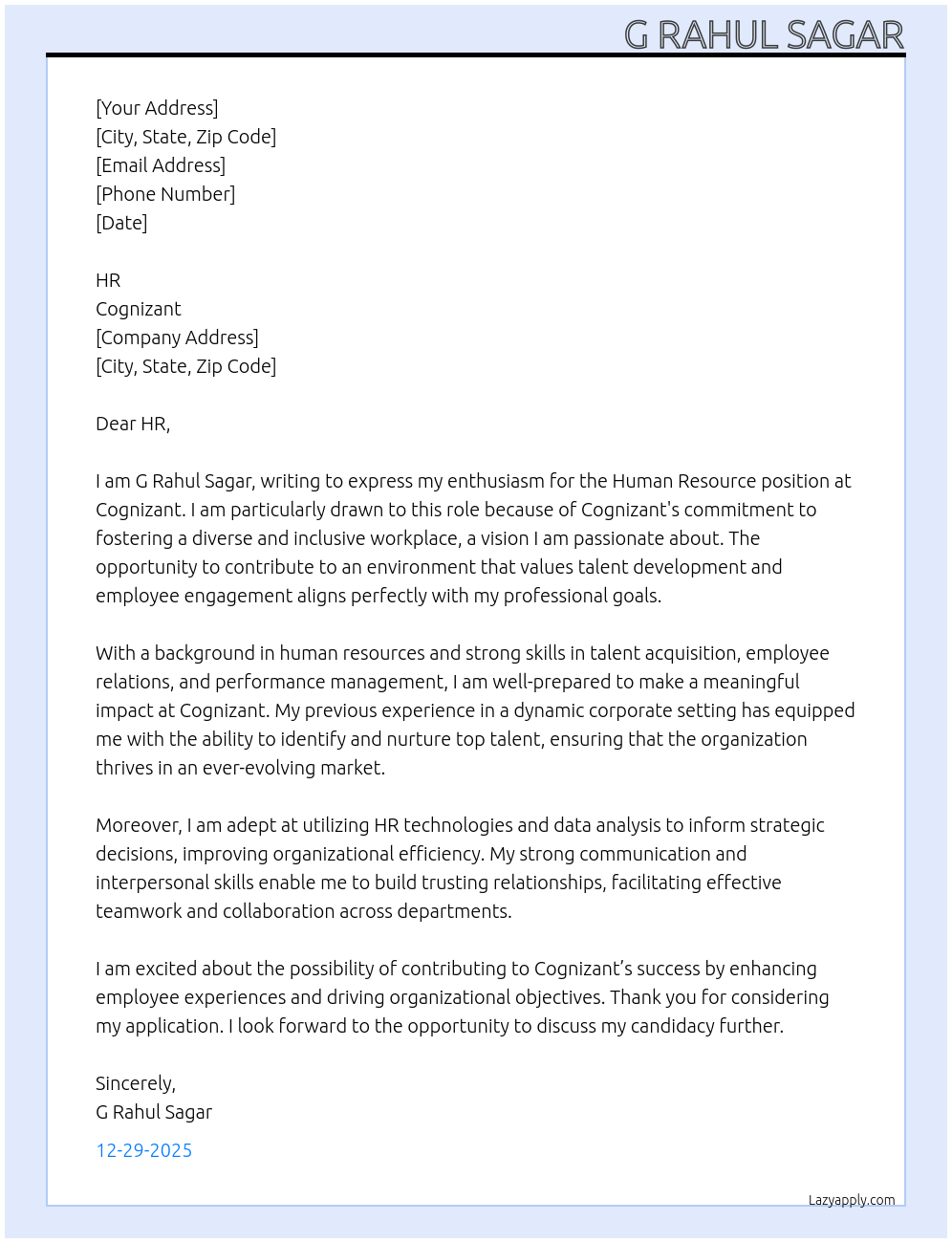 HUMAN RESOURCE At COGNIZANT Cover Letter