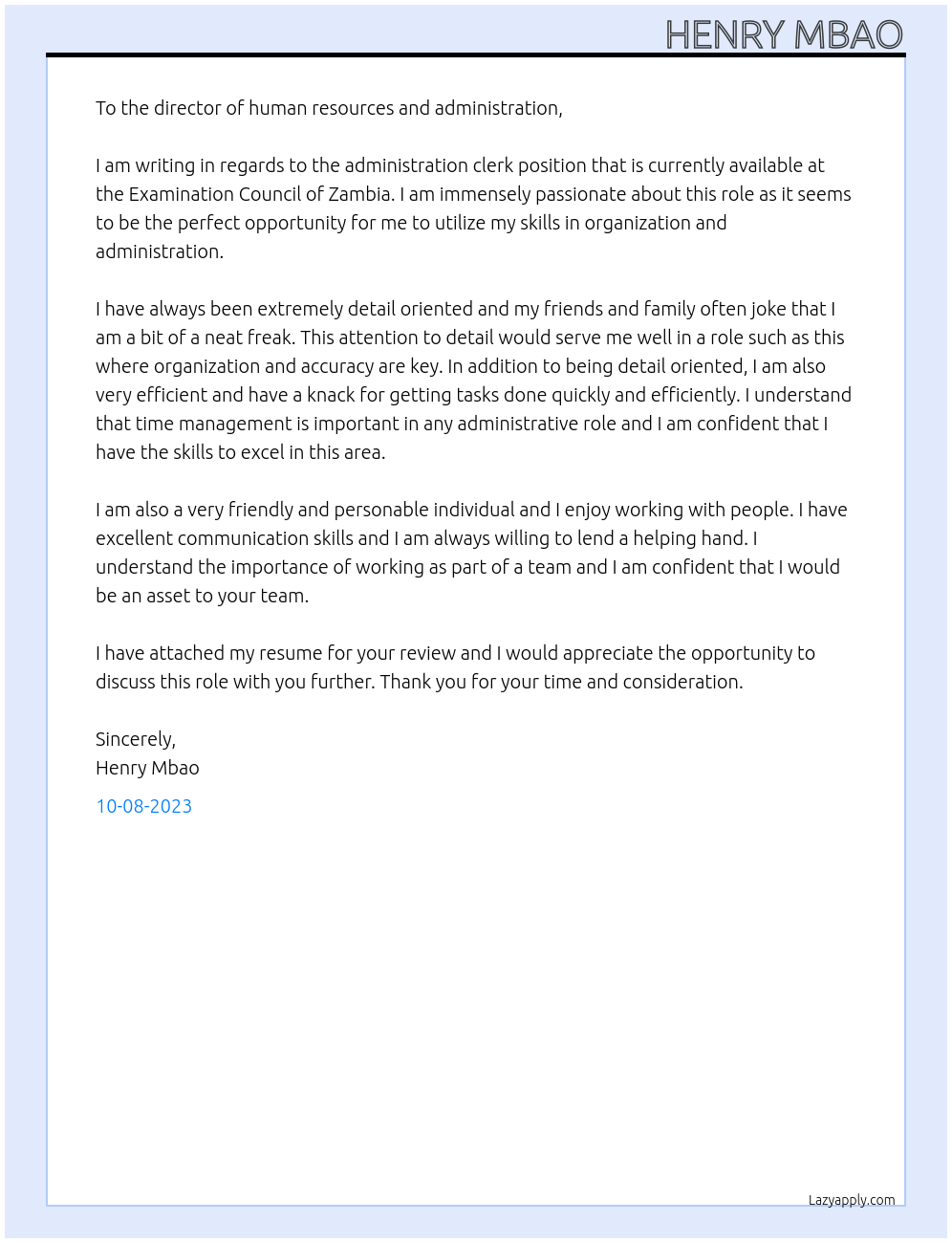 Administration clerk At Examination council of Zambia Cover Letter