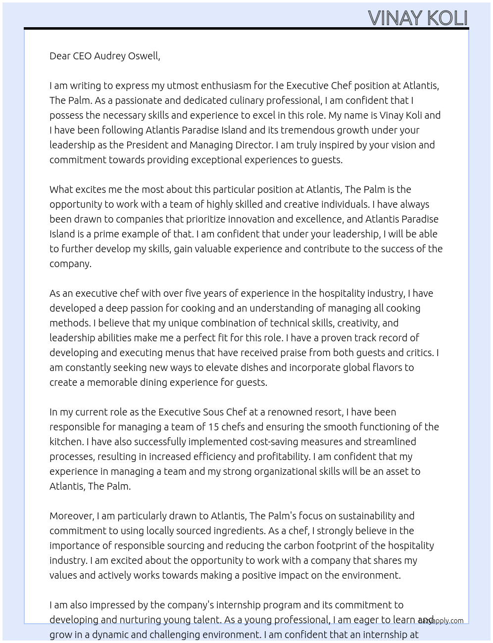 Executive chef At Atlantis, The Palm Cover Letter