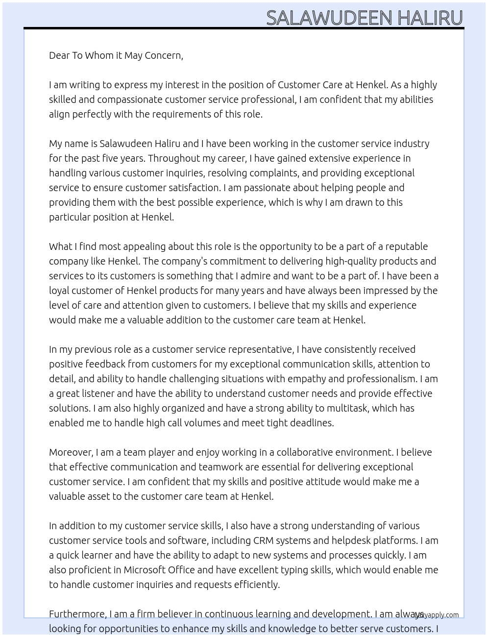 Customer care At Henkel Cover Letter