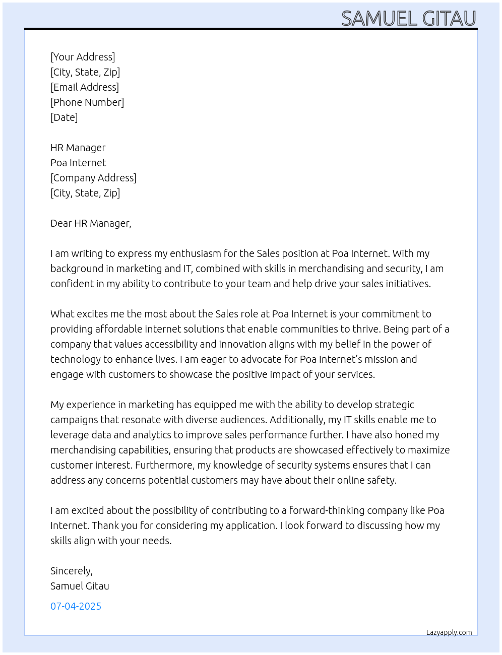 Sales At Poa Internet Cover Letter