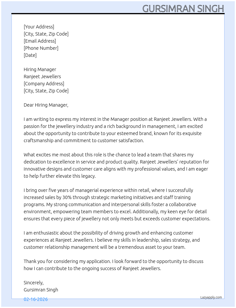 Manager At Ranjeet jewellers  Cover Letter