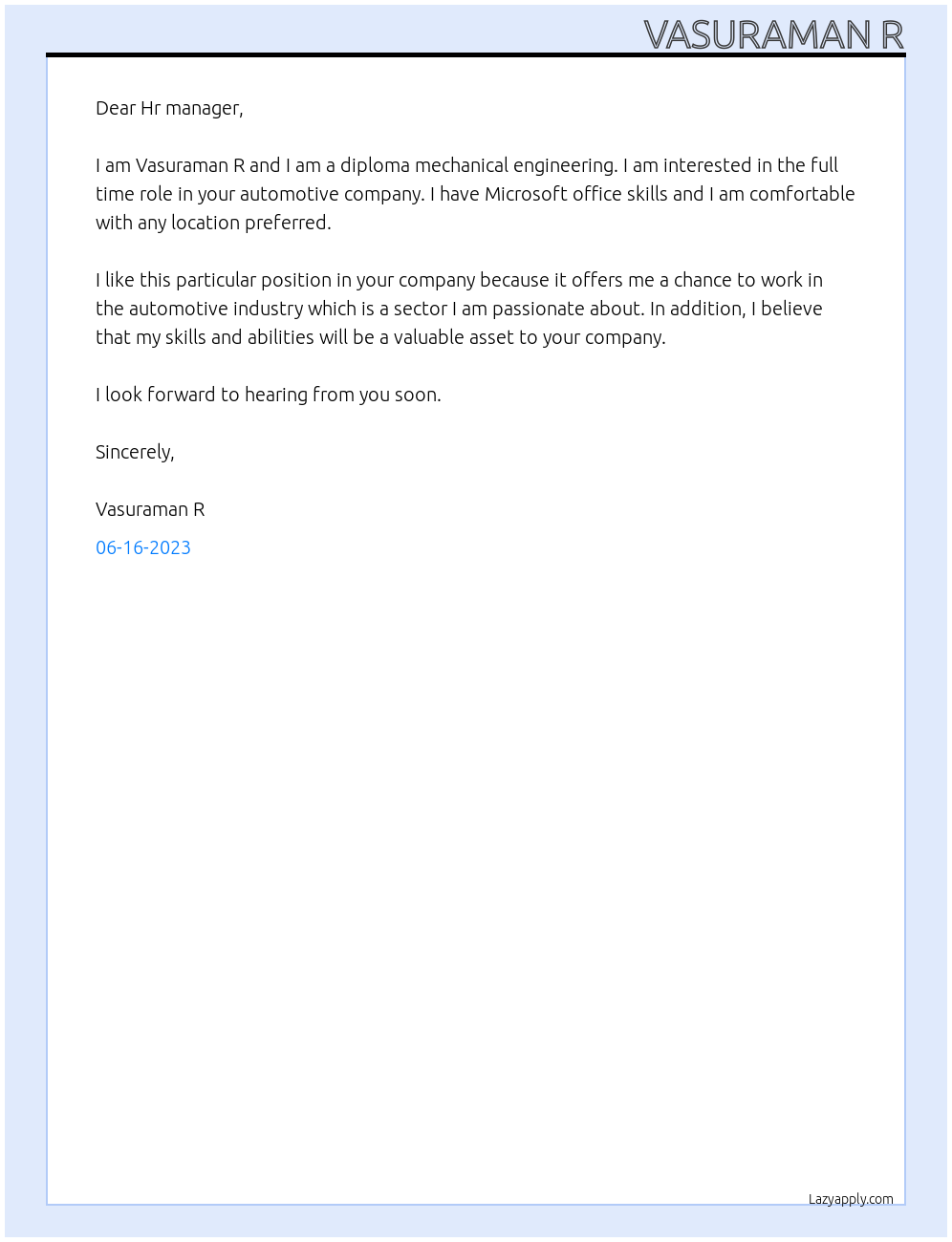 Diploma mechanical engineering  At Automotive company Cover Letter