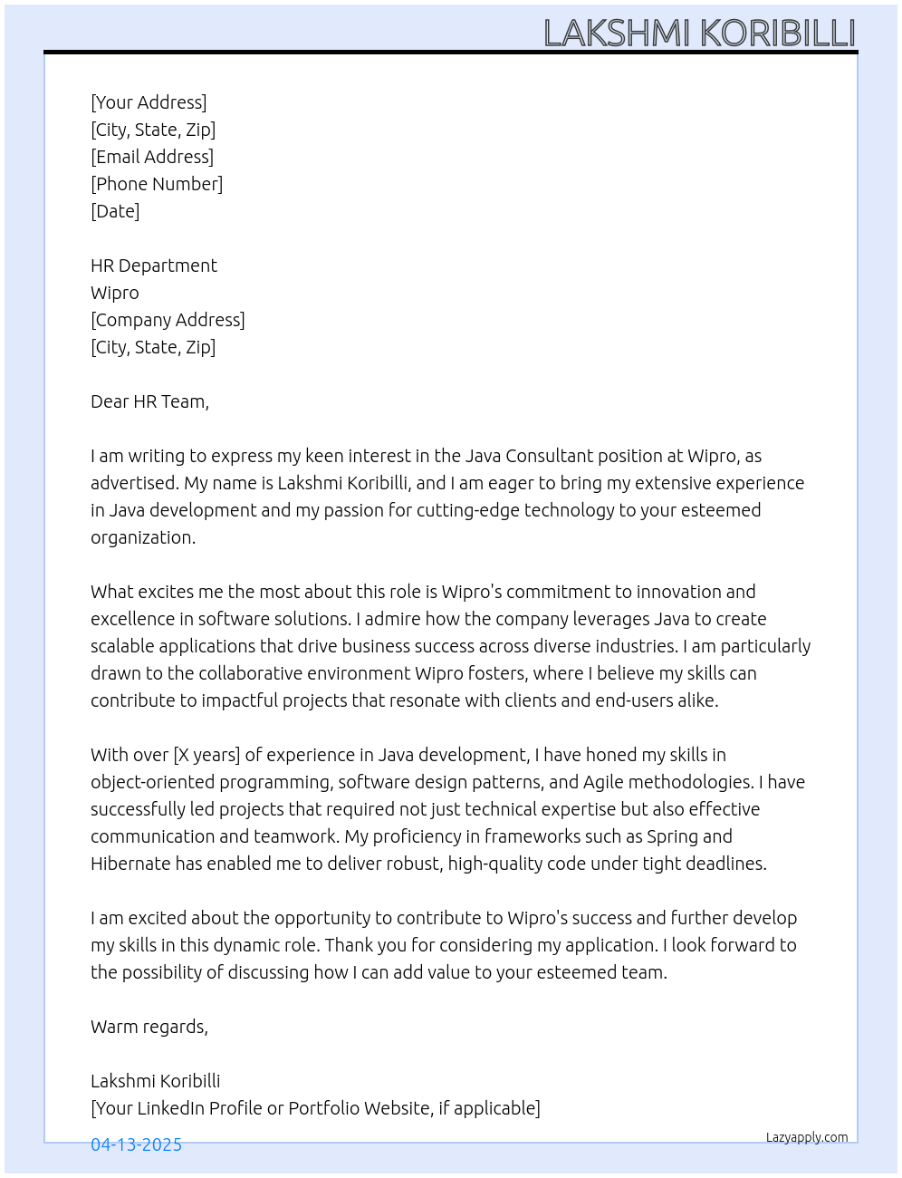 Cover letter for java consultant - LazyApply