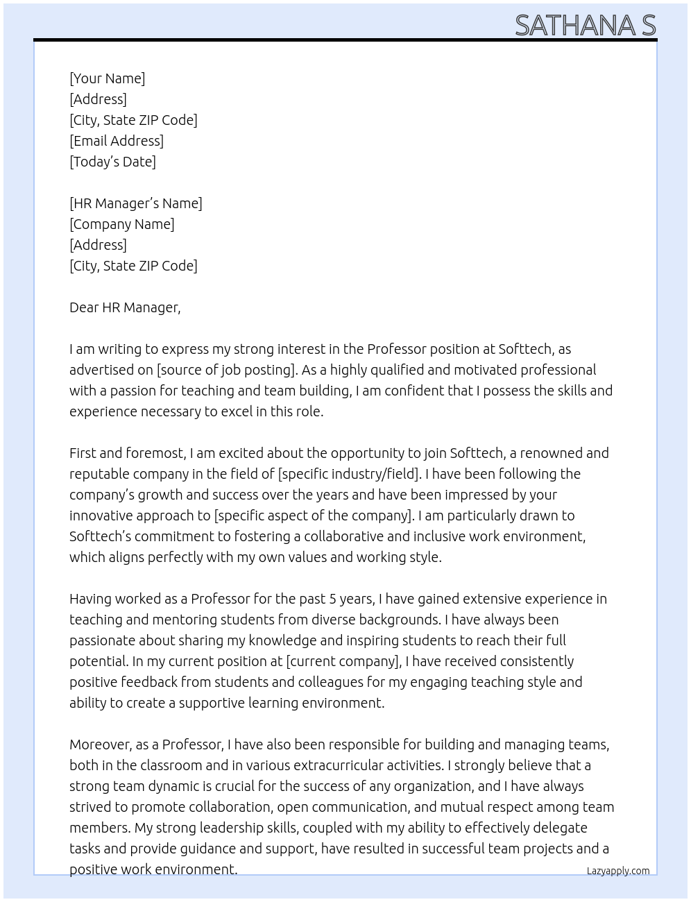 Professor At Softtech Cover Letter