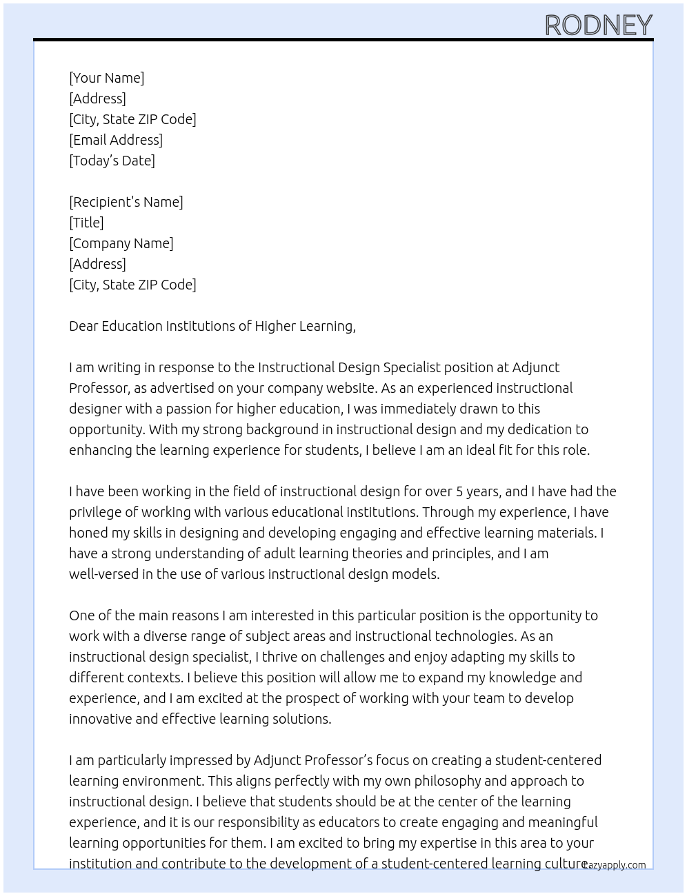 Instructional Design Specialist At Adjunct Professor Cover Letter