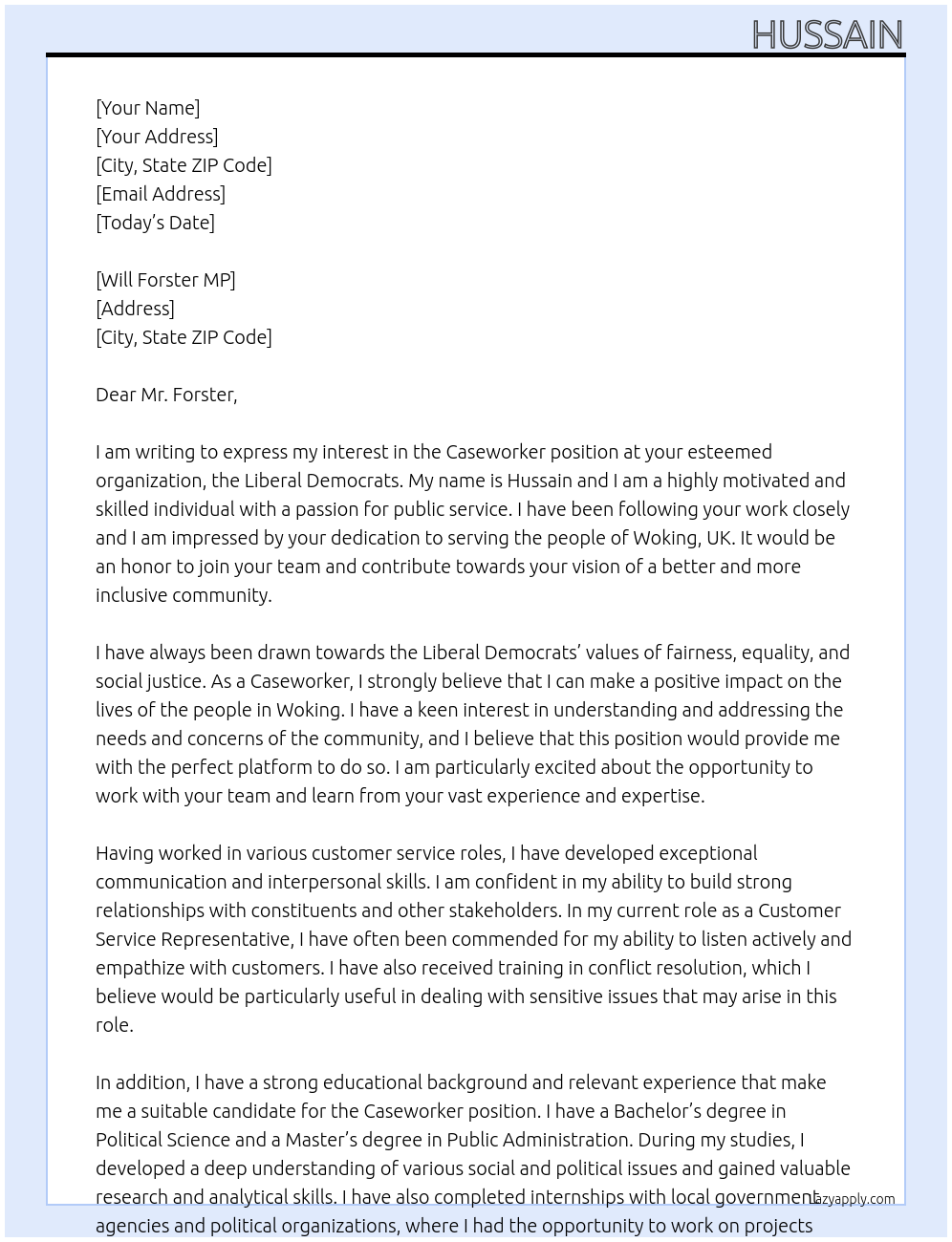 Caseworker At Will Forster MP of LIBERAL democrats  Cover Letter