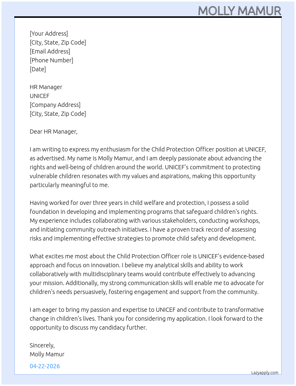 Child protection officer At UNICEF Cover Letter