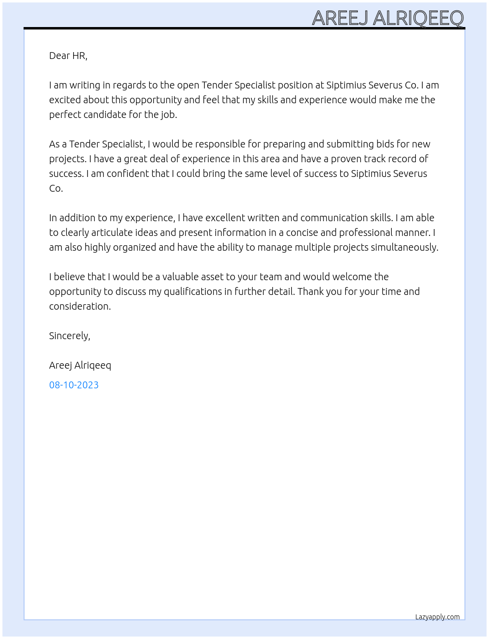 Tender Specialist At Siptimius Severus Co. Cover Letter