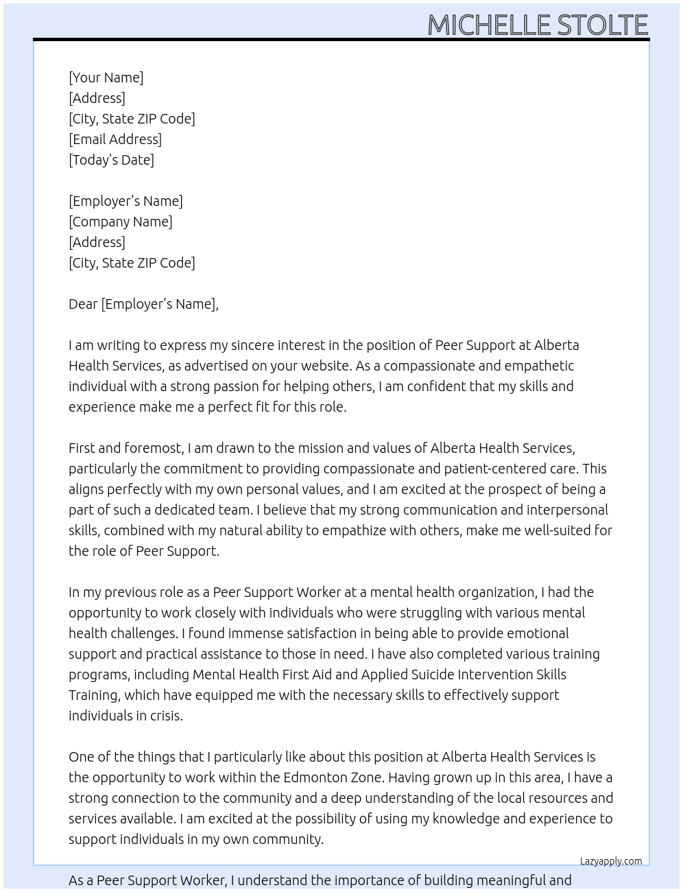 Peer Support At Alberta Health Services Cover Letter