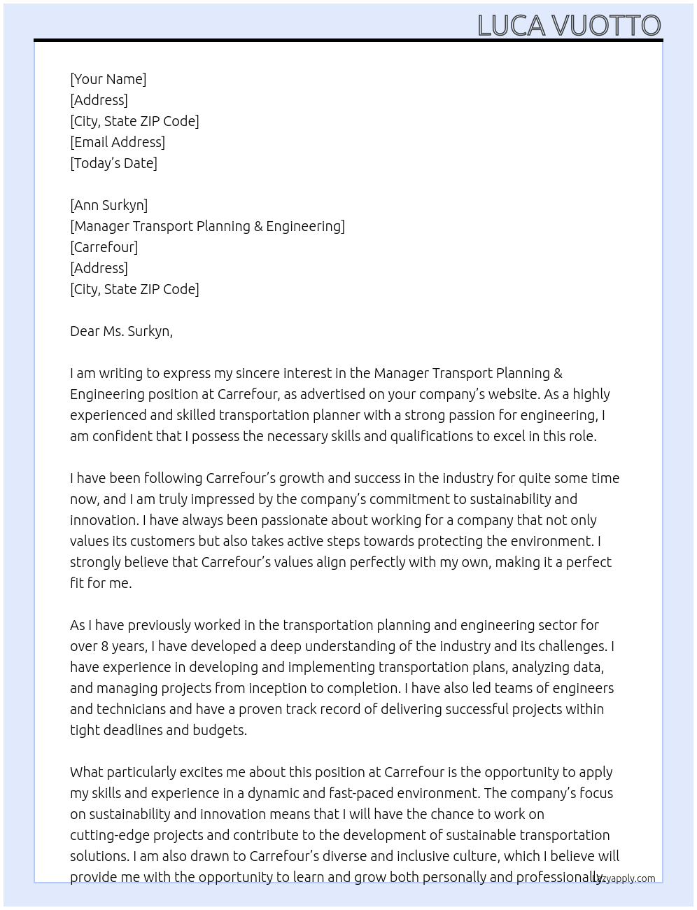 Manager Transport Planning & Engineering At Carrefour Cover Letter