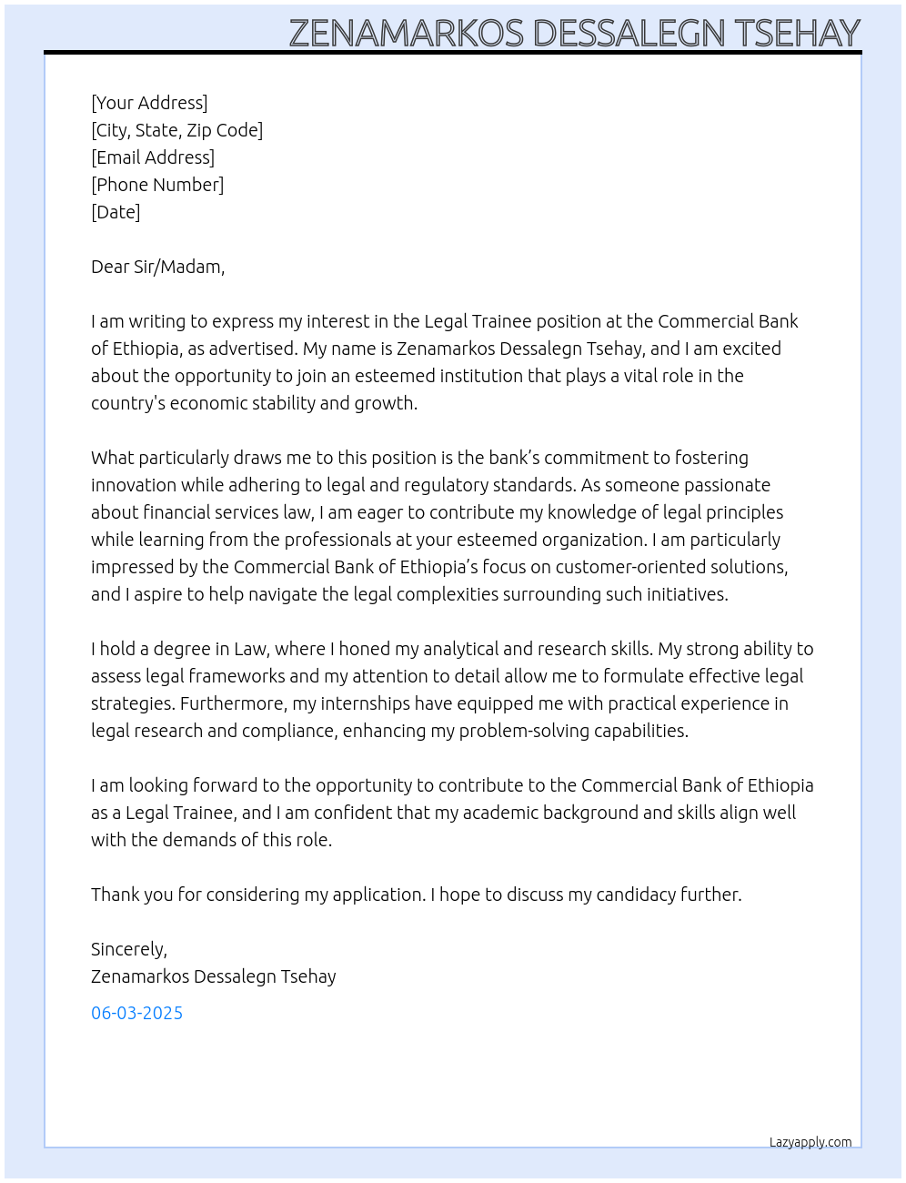 Legal Trainee At Commercial Bank of Ethiopia Cover Letter