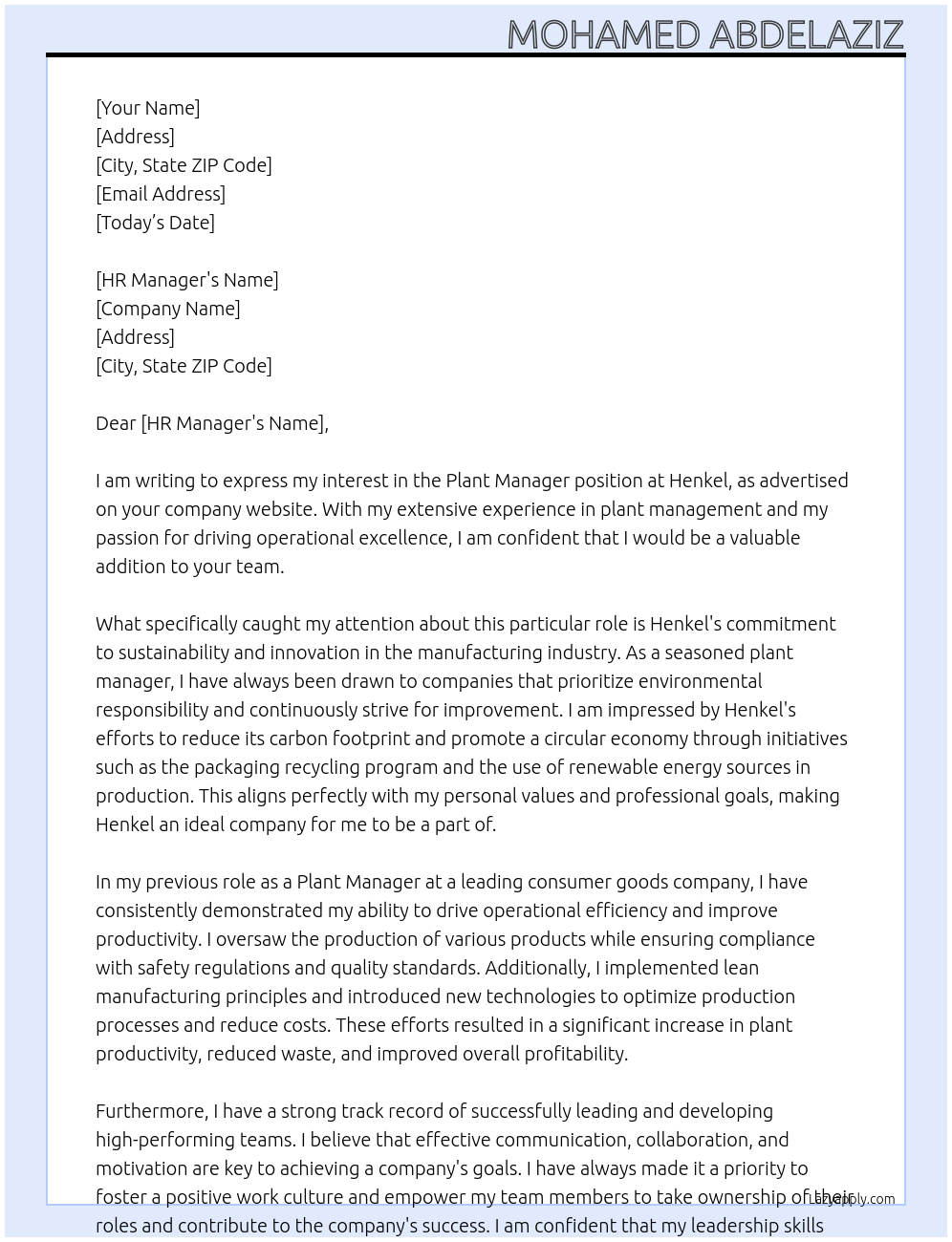Plant Manager At Henkel Cover Letter