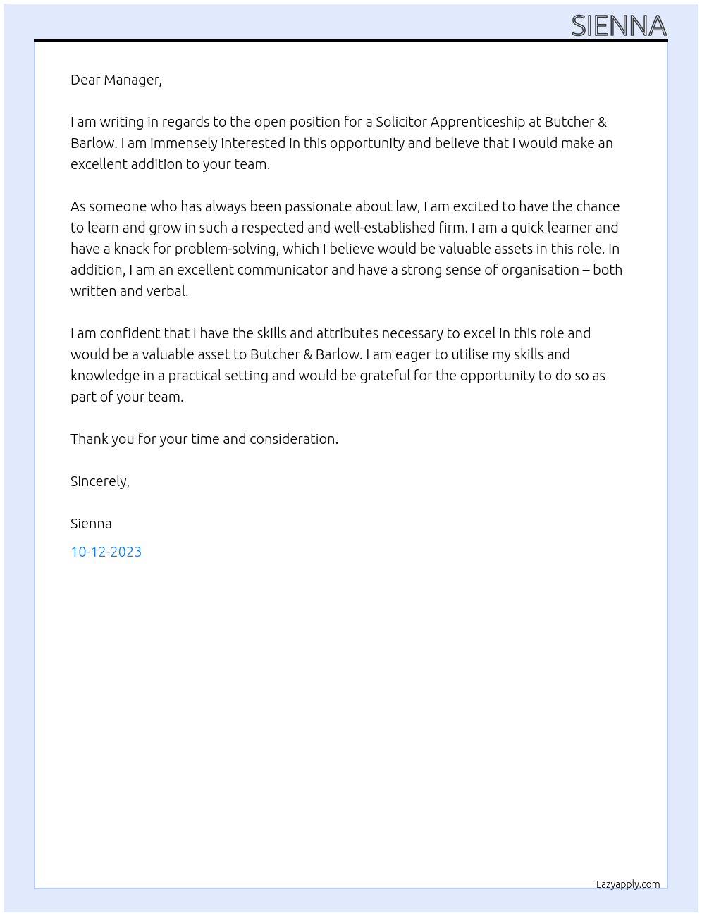 Solicitor Apprenticeship At Butcher & Barlow Cover Letter
