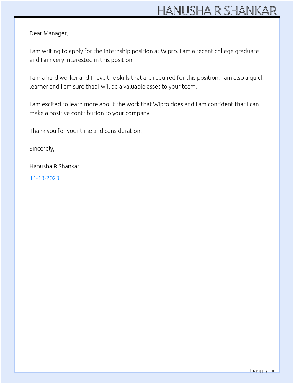 Intership At Wipro Cover Letter