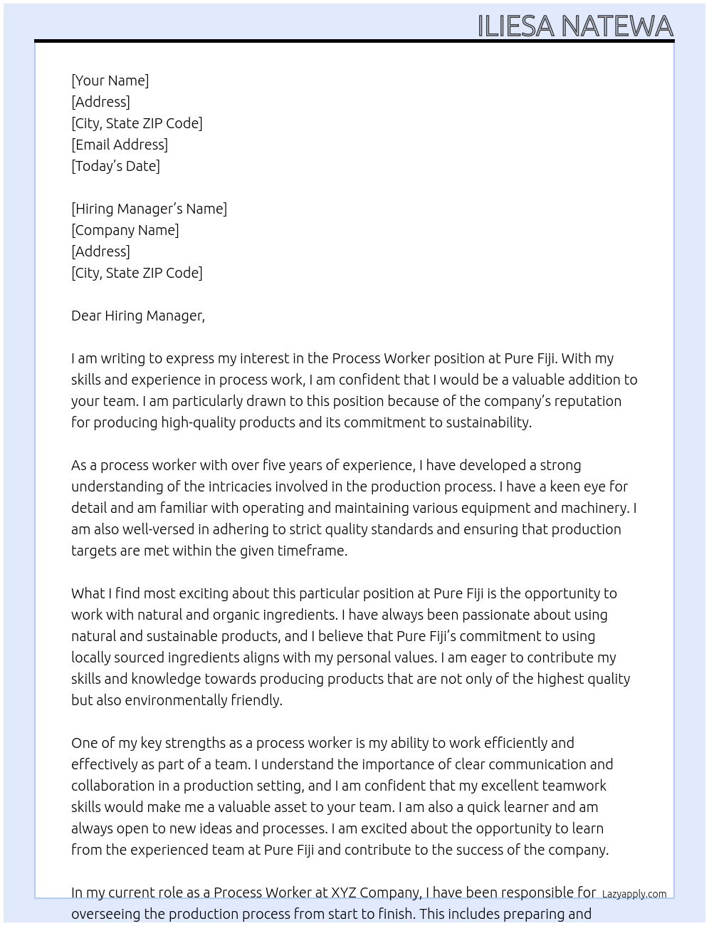 Process Worker At Pure Fiji Cover Letter