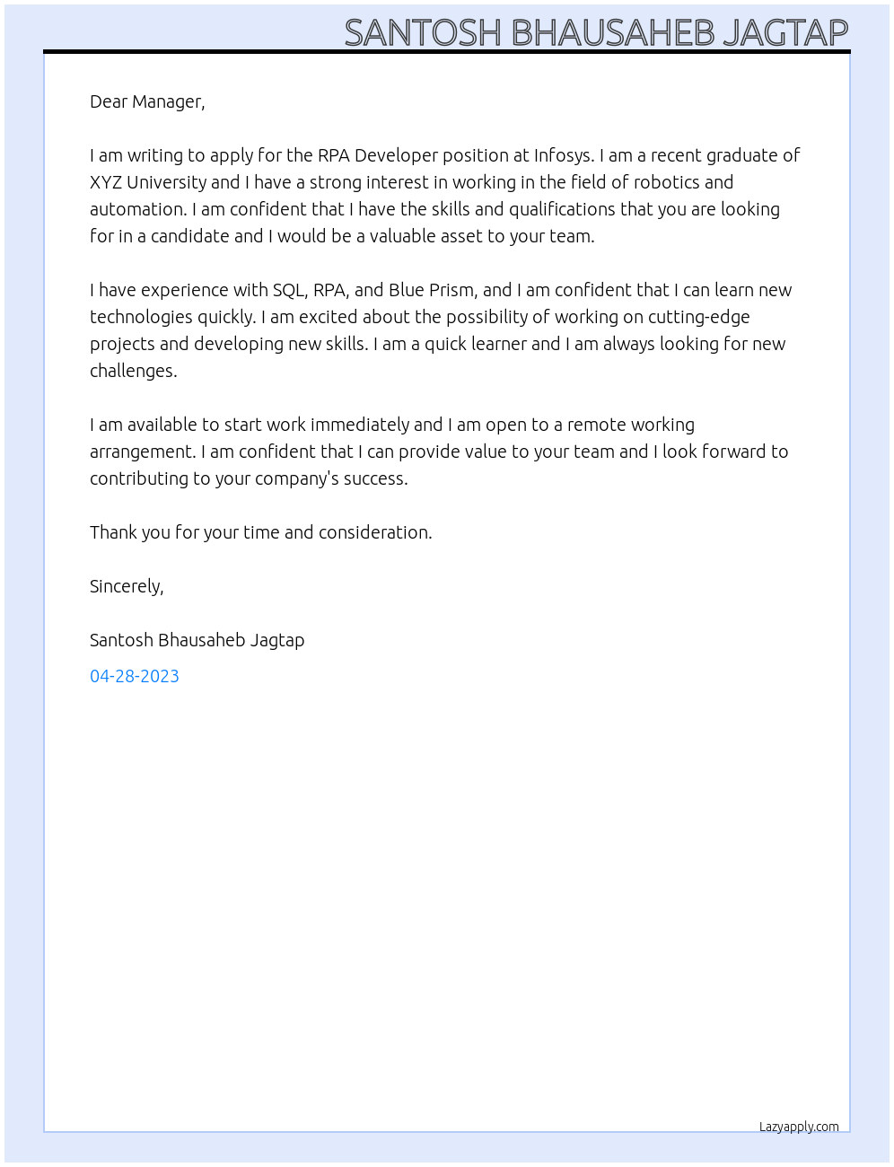 RPA Developer At Infosys Cover Letter