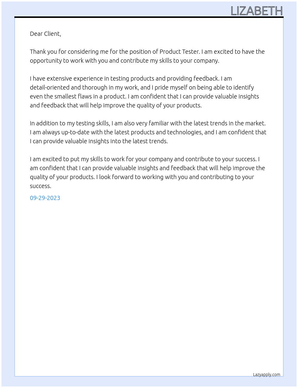 Product tester At upwork Cover Letter