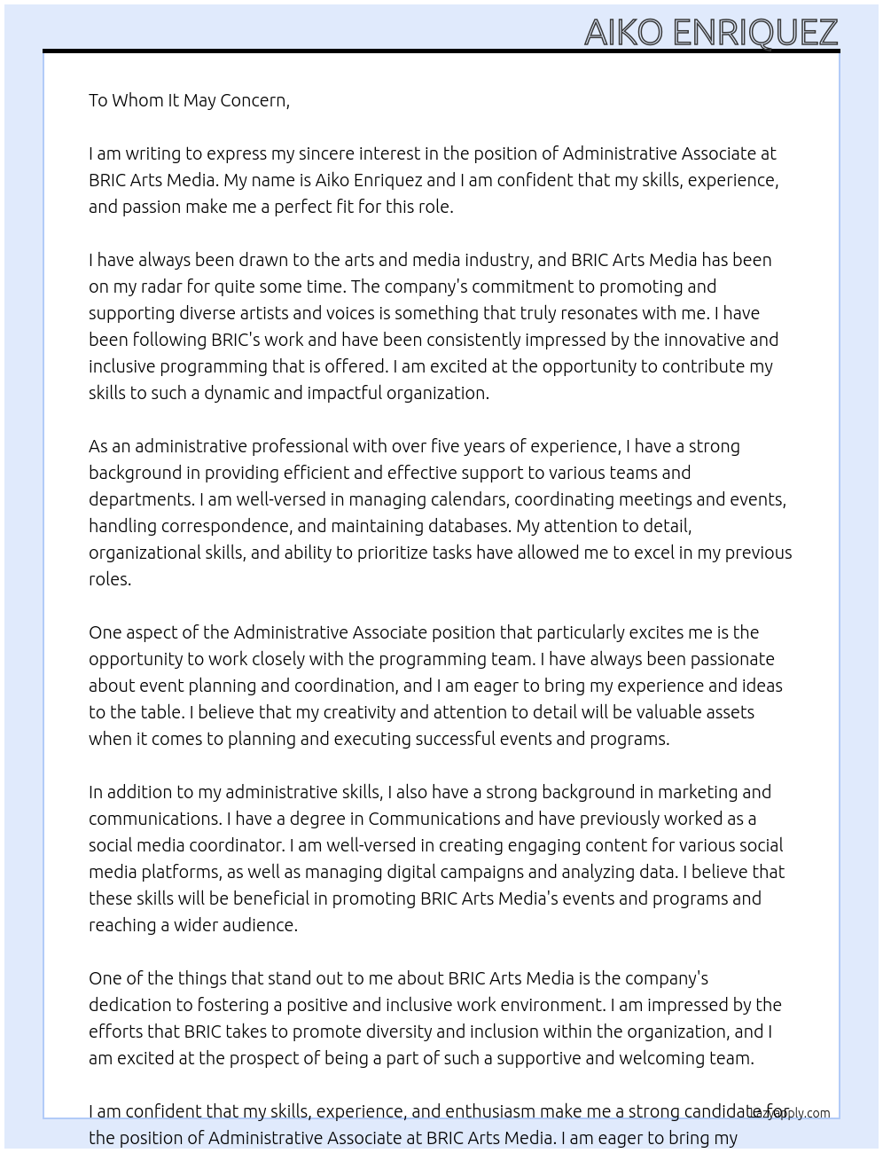 Administrative Associate At BRIC Arts Media Cover Letter