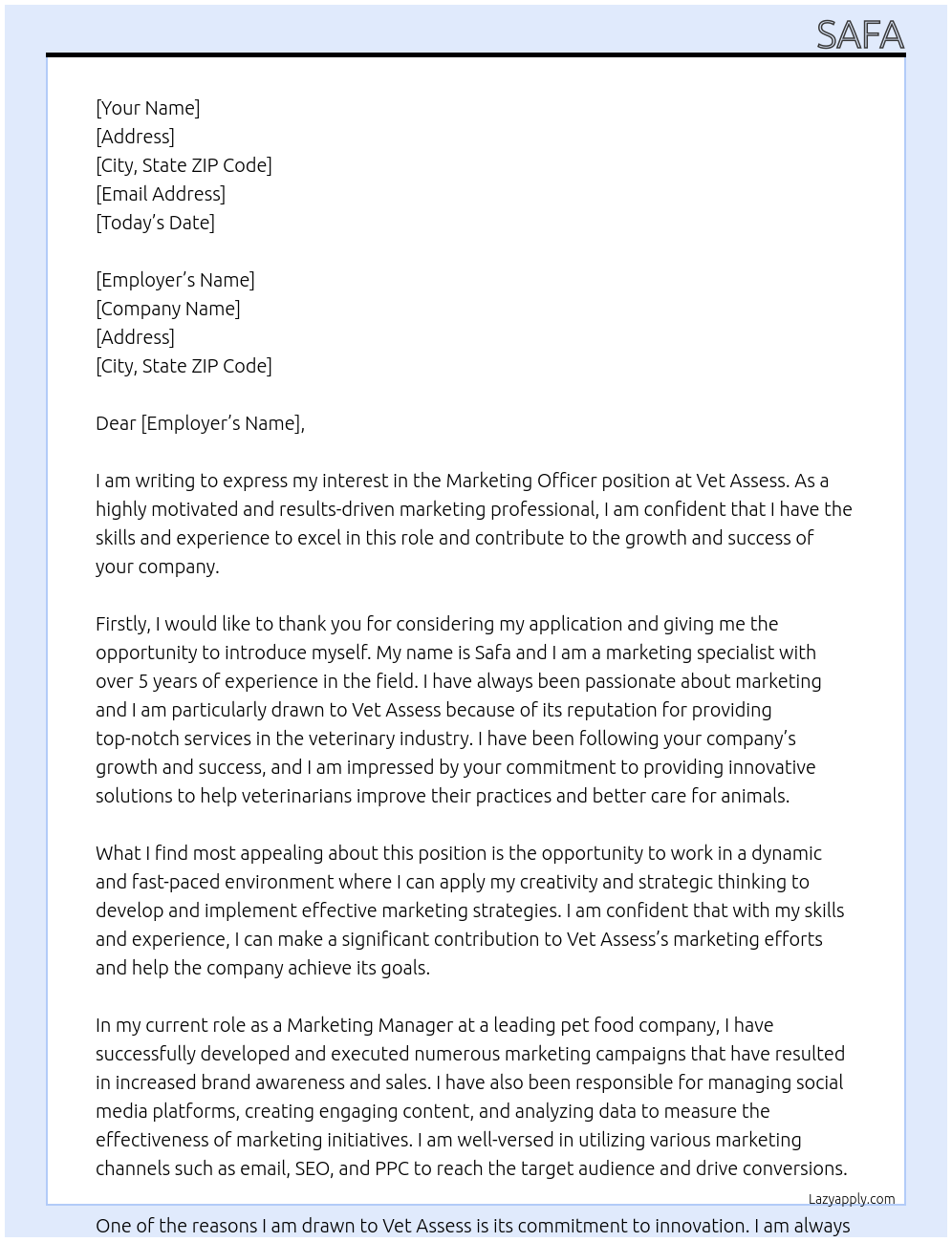 Marketing Officer At Vet assess Cover Letter