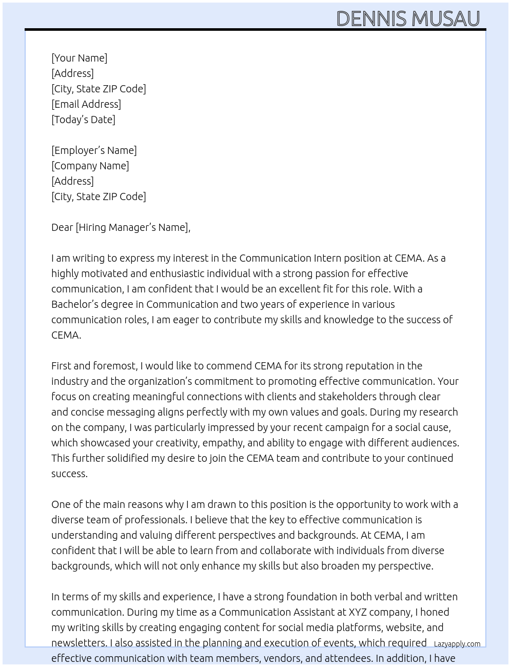 Communication Intern At CEMA Cover Letter