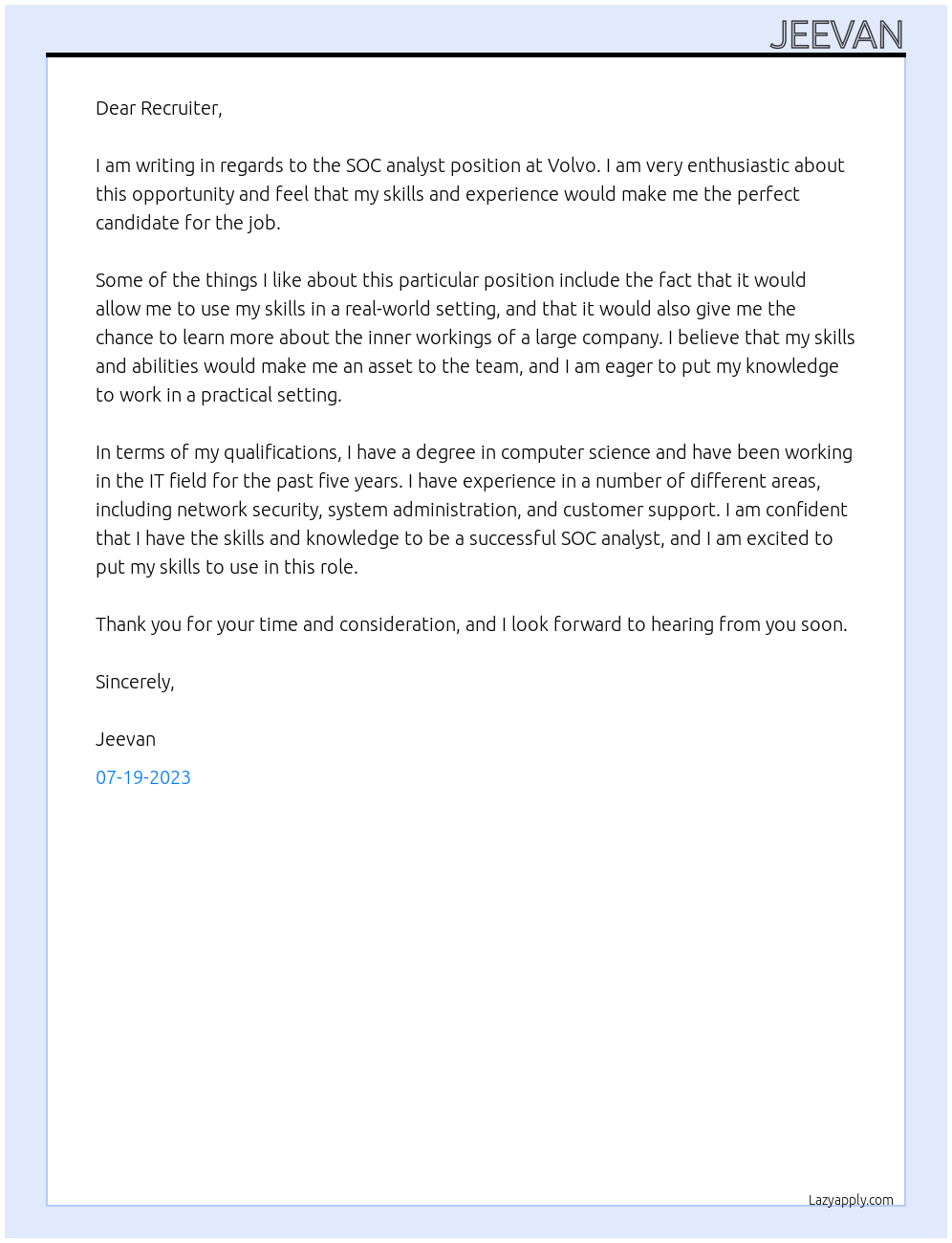 SOC analyst At Volvo Cover Letter