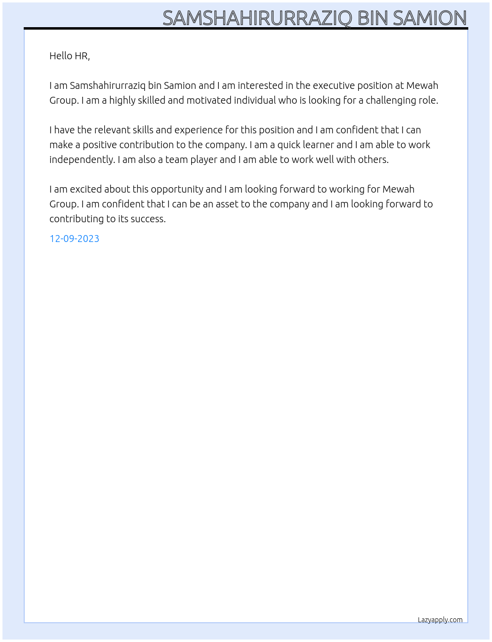 Executive At Mewah Group Cover Letter