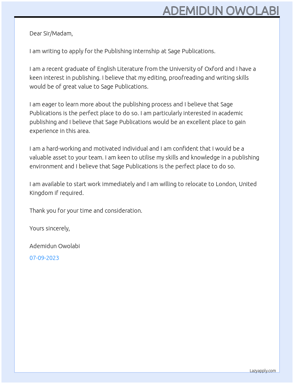 Publishing internship At Sage Publications Cover Letter